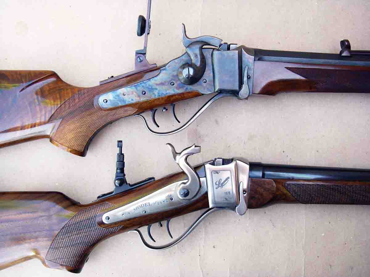 The top rifle is a Shiloh Sharps Model 1874 for comparison to the Lyman Model 1878 Sharps. The Shiloh’s hammer position is at half-cock, but is barely off the firing-pin block. The 1878’s hammer is also at half-cock position.